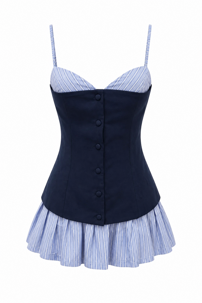 VESTIDO CORTO RAYAS CON ESTRAPLE SOBREPUESTO
